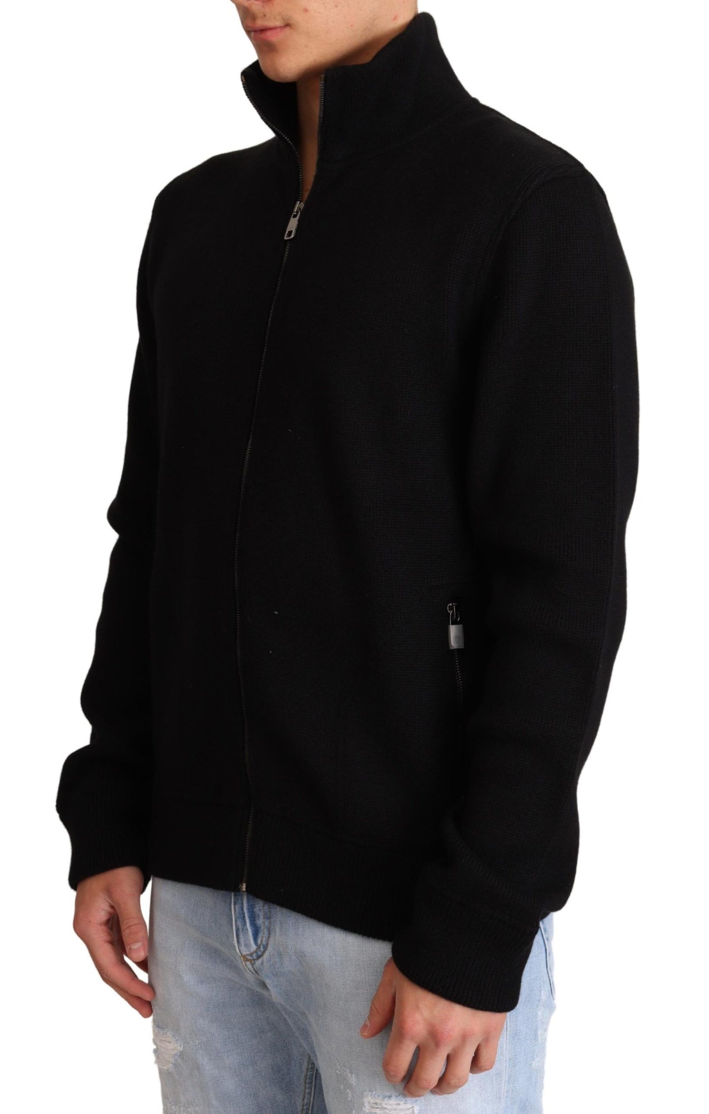 Black Cashmere Zipper Mens Sweater-Dolce & Gabbana-LabelTerrace.com