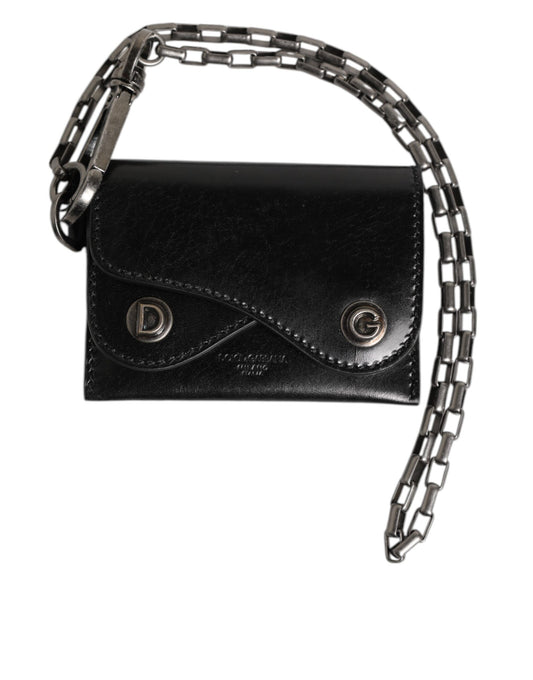 Black Cavallo Leather Wallet Chain Snap Bifold Card Holder-Dolce & Gabbana-LabelTerrace.com
