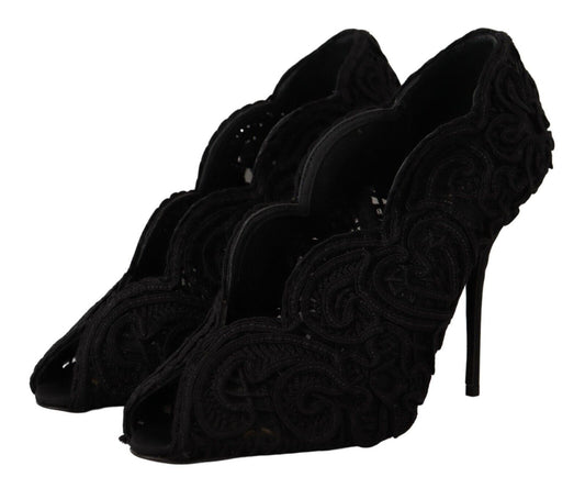 Black Cordonetto Ricamo Pump Open Toe Shoes-Dolce & Gabbana-LabelTerrace.com