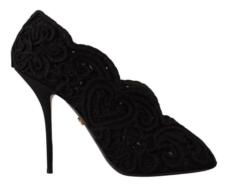 Black Cordonetto Ricamo Pump Open Toe Shoes-Dolce & Gabbana-LabelTerrace.com