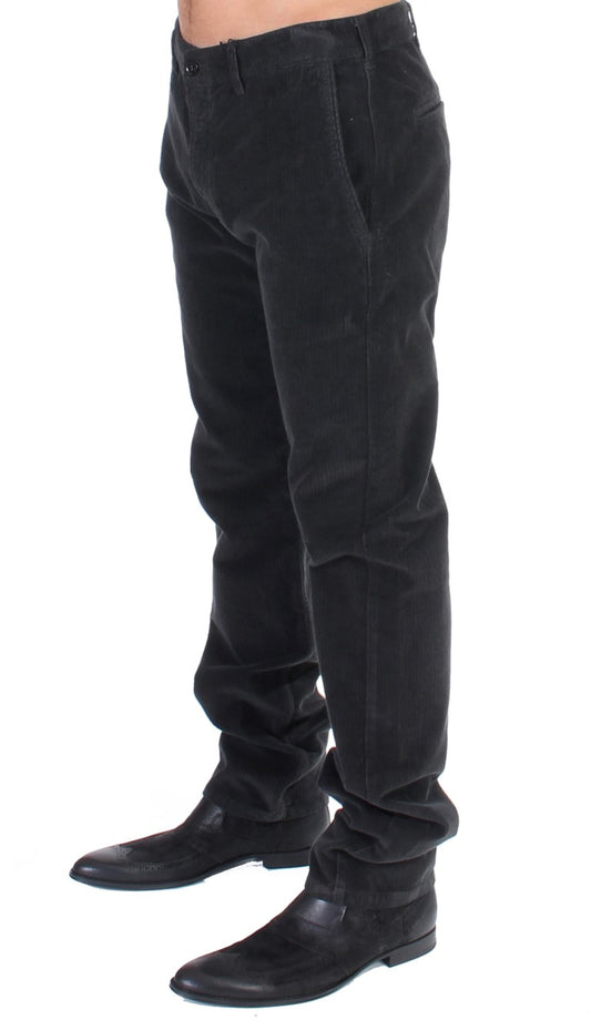Black Corduroy Cotton Straight Fit Pants-GF Ferre-LabelTerrace.com