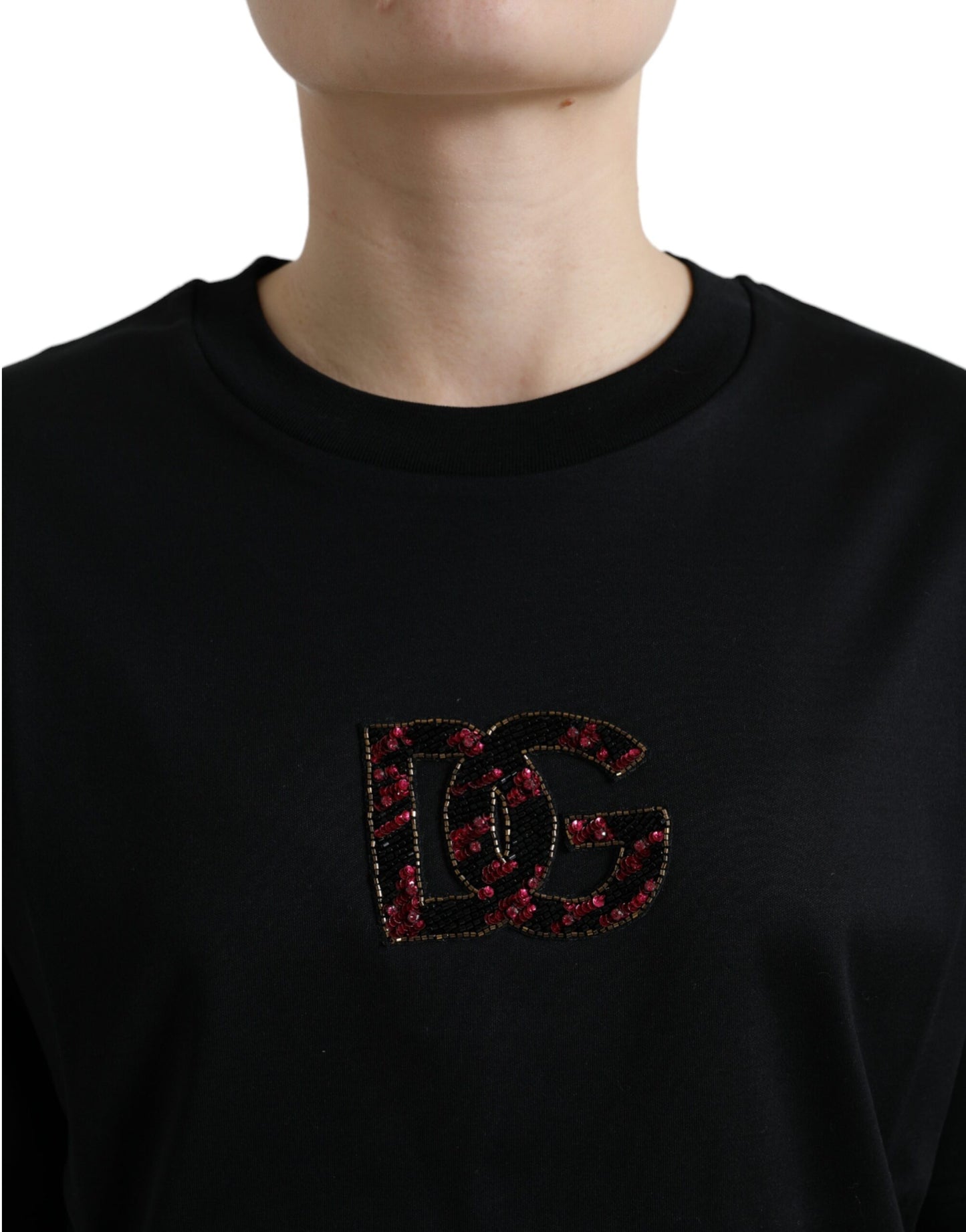 Black Cotton DG Crystal Crewneck Tee T-shirt-Dolce & Gabbana-LabelTerrace.com