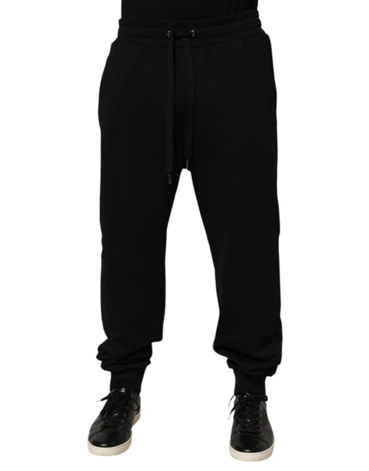 Black Cotton Drawstring Logo Sweatpants Pants-Dolce & Gabbana-LabelTerrace.com
