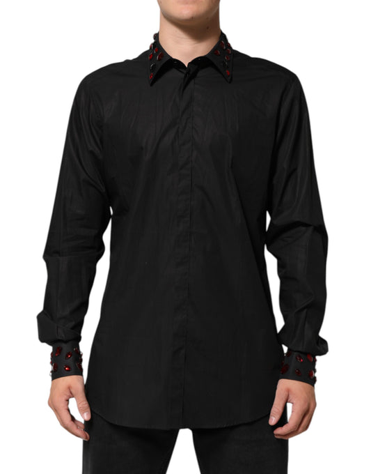 Black Cotton Embellished Collar Men’s Shirt-Dolce & Gabbana-LabelTerrace.com
