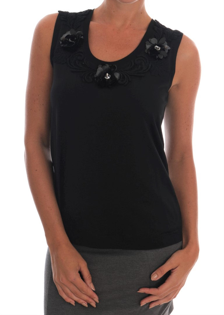 Black Cotton Floral Crystal Tank Top-Dolce & Gabbana-LabelTerrace.com