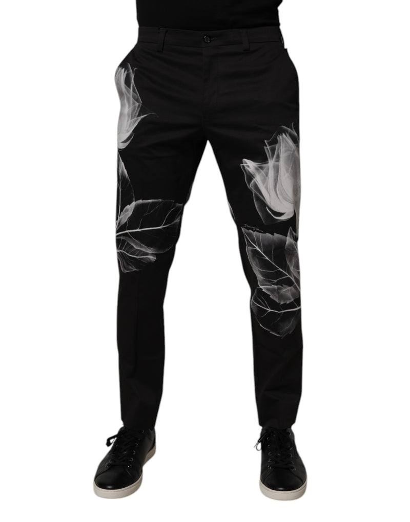 Black Cotton Floral Skinny Dress Pants-Dolce & Gabbana-LabelTerrace.com