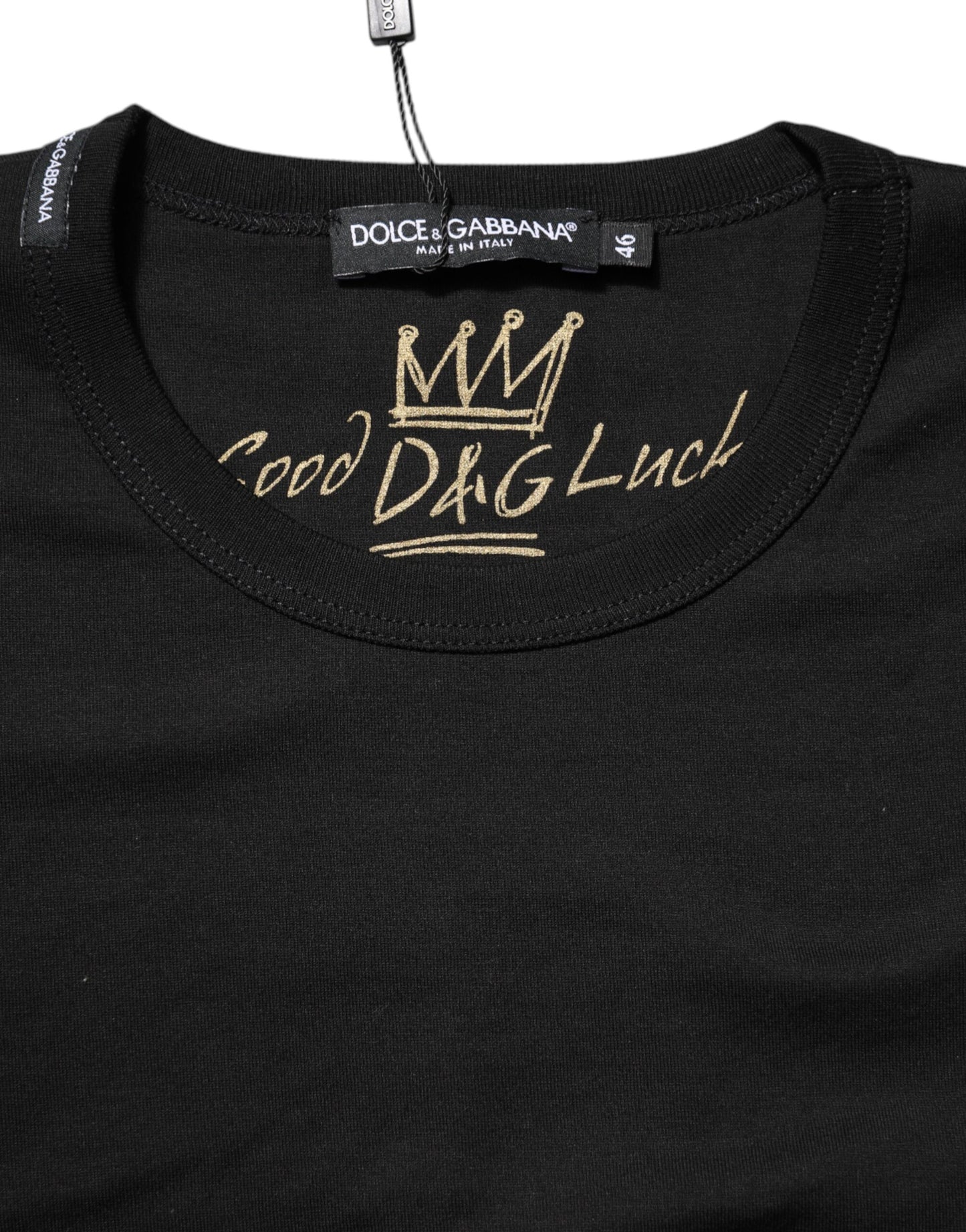 Black Cotton Goodluck Tee Crew Neck T-shirt-Dolce & Gabbana-LabelTerrace.com