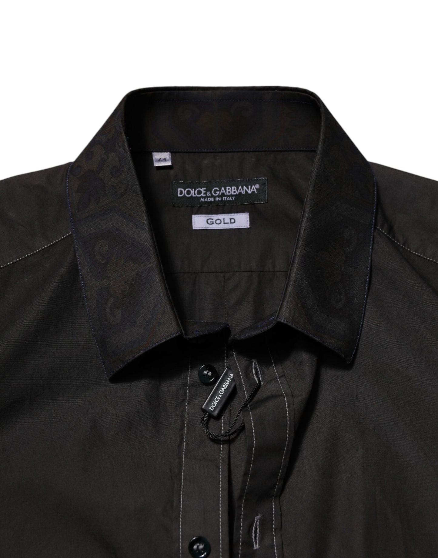 Black Cotton Jacquard GOLD Collar Dress Shirt-Dolce & Gabbana-LabelTerrace.com