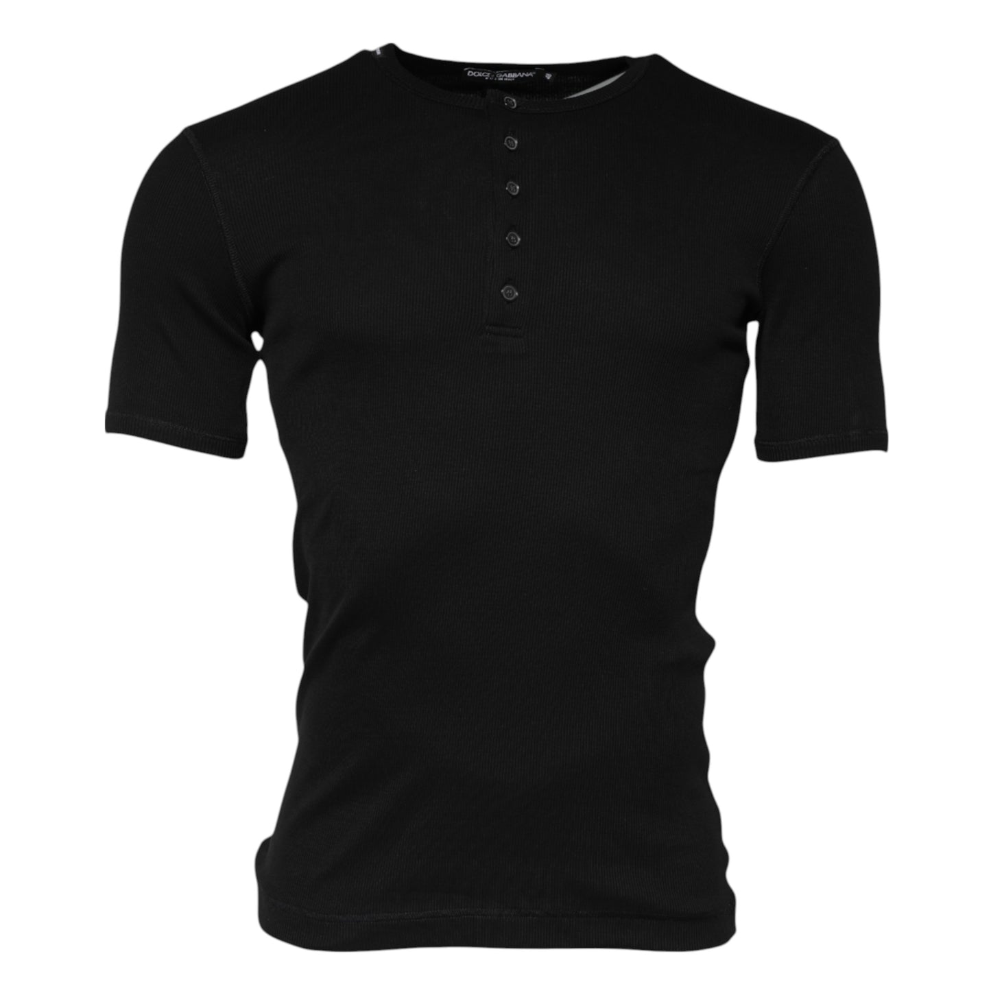 Black Cotton Knit Crew Neck Henley T-shirt-Dolce & Gabbana-LabelTerrace.com