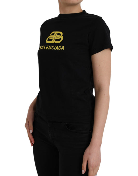 Black Cotton Logo Print Crew Neck Short Sleeves T-shirt-Balenciaga-LabelTerrace.com