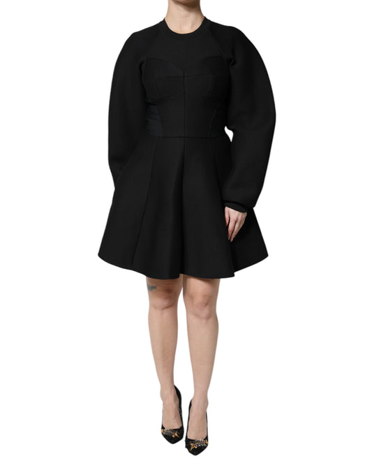 Black Cotton Long Sleeves A-line Mini Dress-Dolce & Gabbana-LabelTerrace.com
