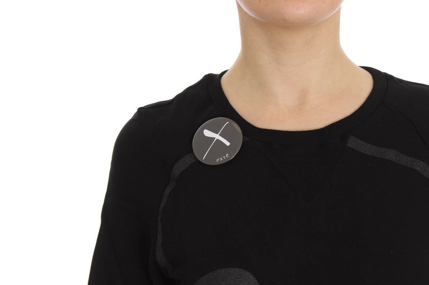 Black Cotton Motive Print Crewneck Pullover Sweater-Exte-LabelTerrace.com