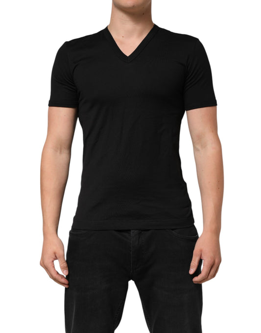 Black Cotton Plain V-Neck Men Shirt T-shirt-Dolce & Gabbana-LabelTerrace.com