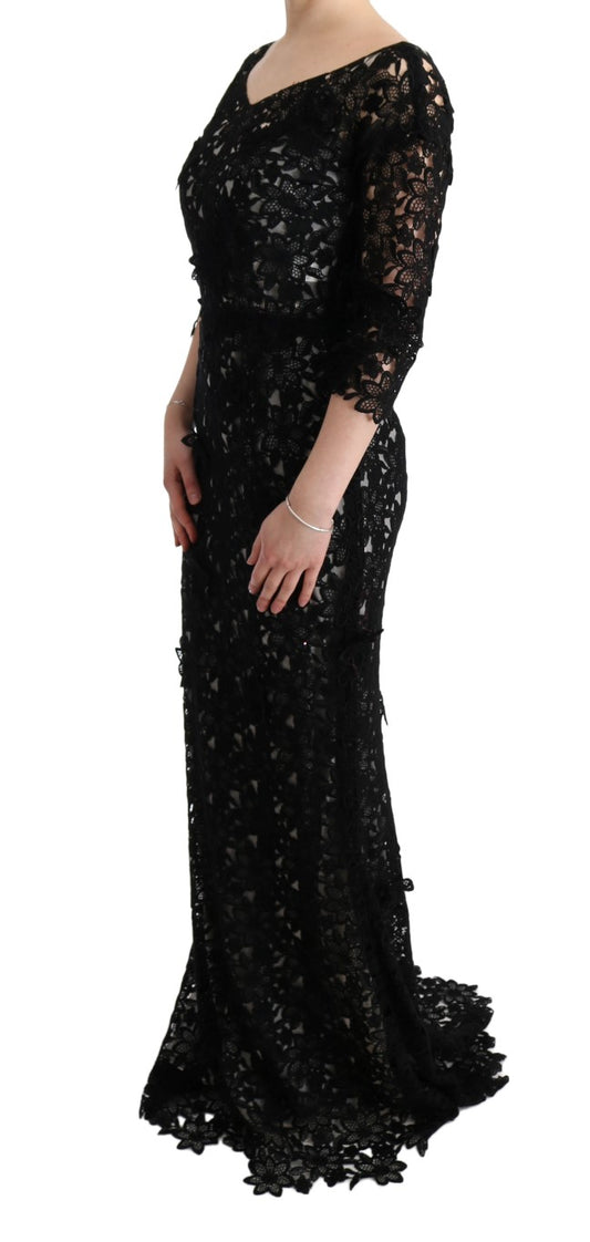 Black Cotton Silk Floral Long Dress-Dolce & Gabbana-LabelTerrace.com