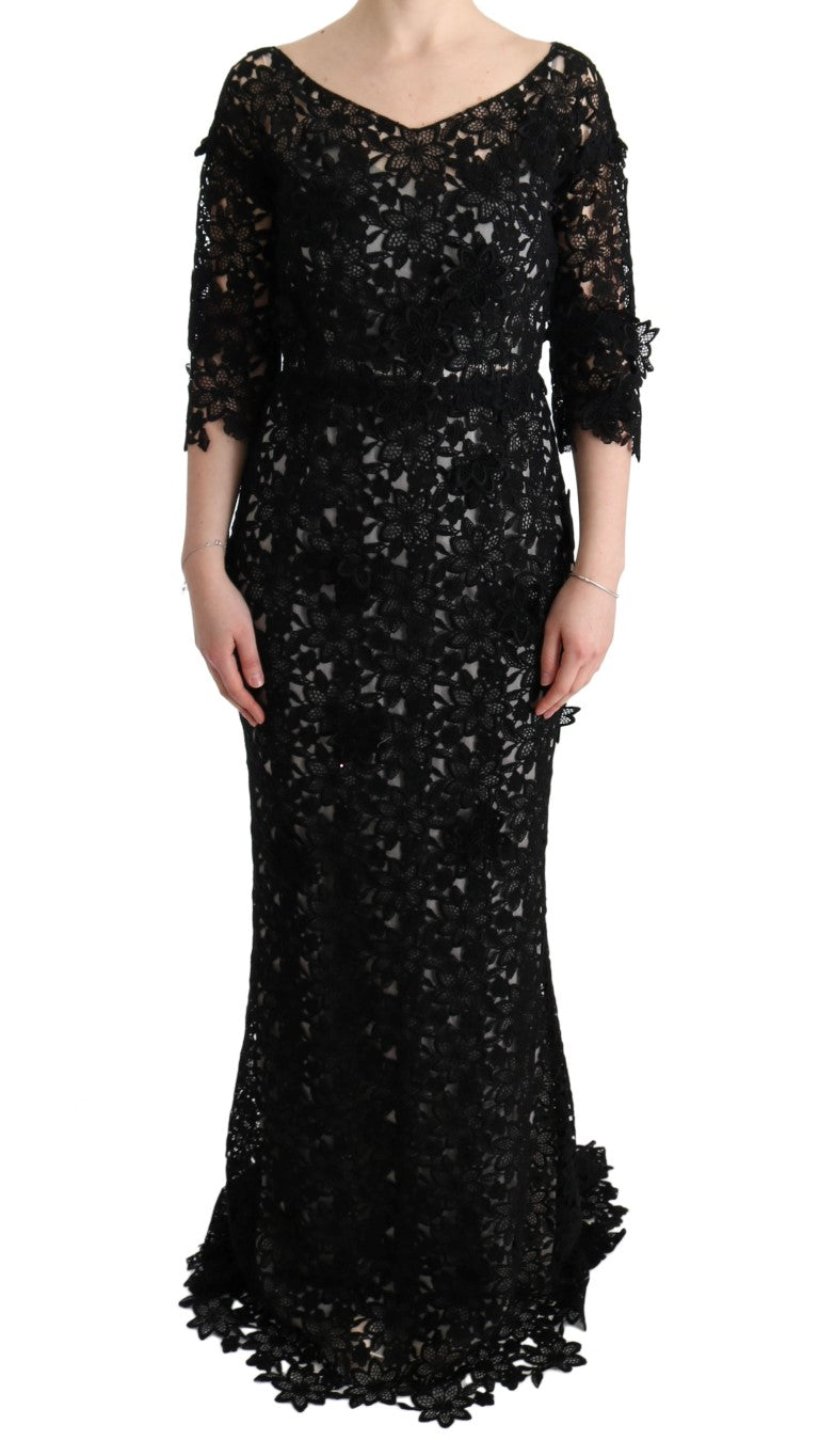 Black Cotton Silk Floral Long Dress-Dolce & Gabbana-LabelTerrace.com