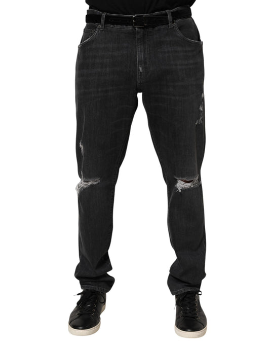 Black Cotton Slim Fit Distressed Ripped Logo Jeans