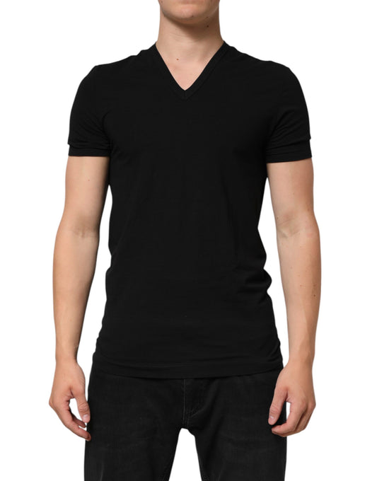 Black Cotton Slim Fit Men V-Neck Shirt T-shirt-Dolce & Gabbana-LabelTerrace.com