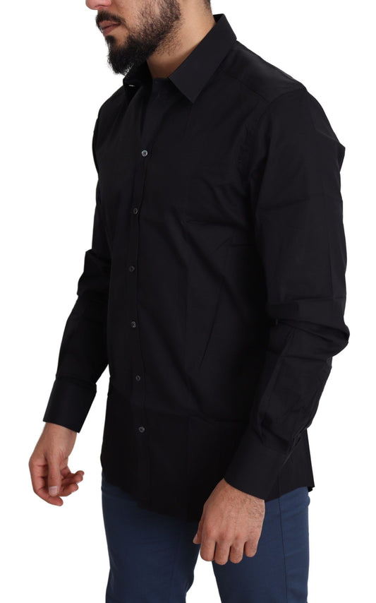 Black Cotton Stretch Formal GOLD Dress Shirt-Dolce & Gabbana-LabelTerrace.com