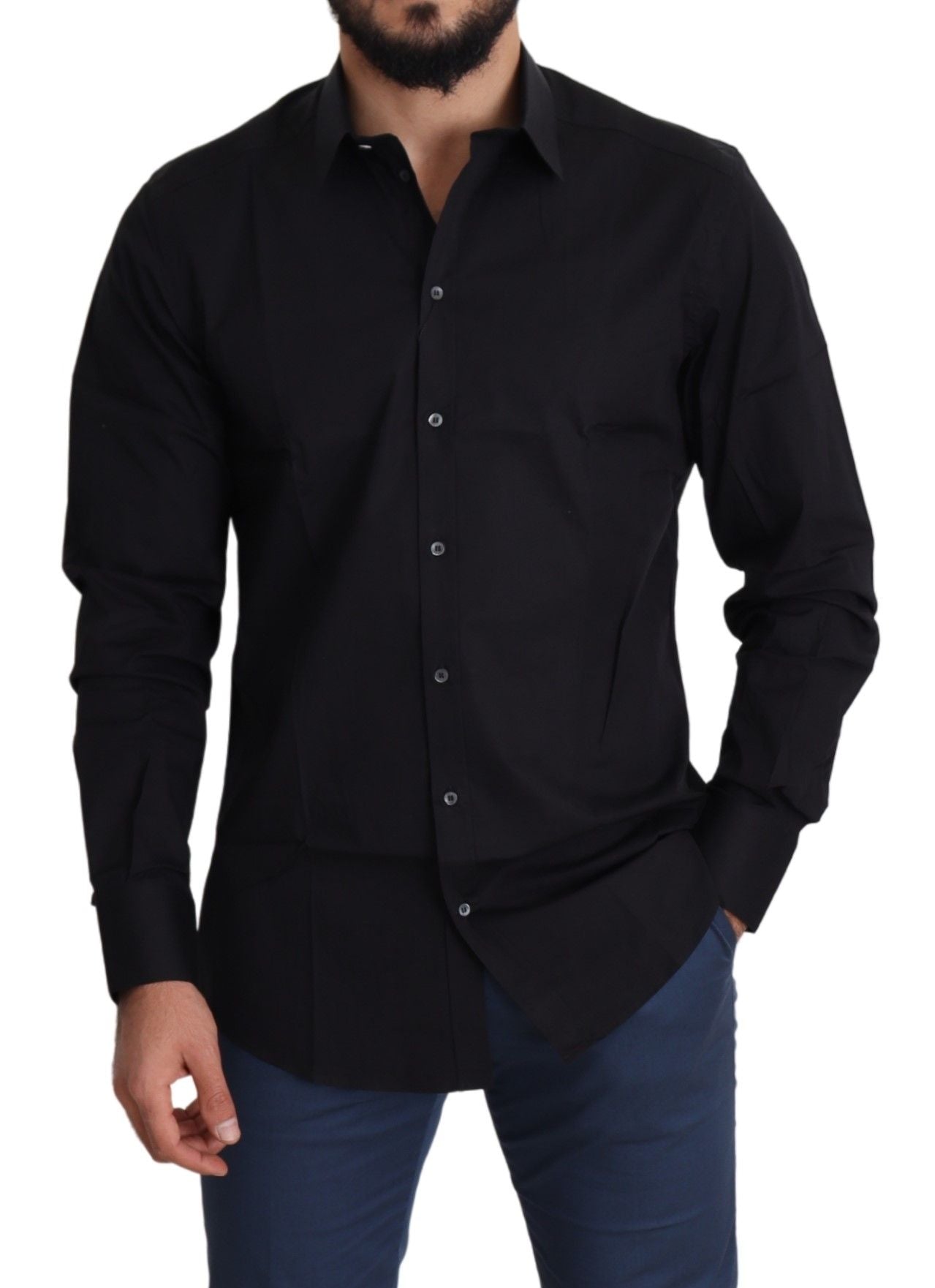 Black Cotton Stretch Formal GOLD Dress Shirt-Dolce & Gabbana-LabelTerrace.com