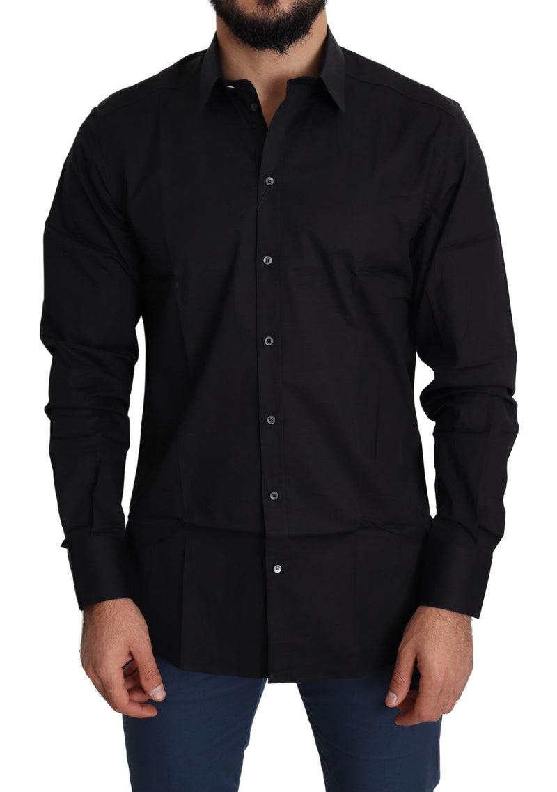 Black Cotton Stretch Formal GOLD Dress Shirt-Dolce & Gabbana-LabelTerrace.com