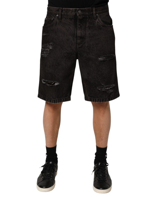 Black Cotton Tattered Denim Men Bermuda Short-Dolce & Gabbana-LabelTerrace.com