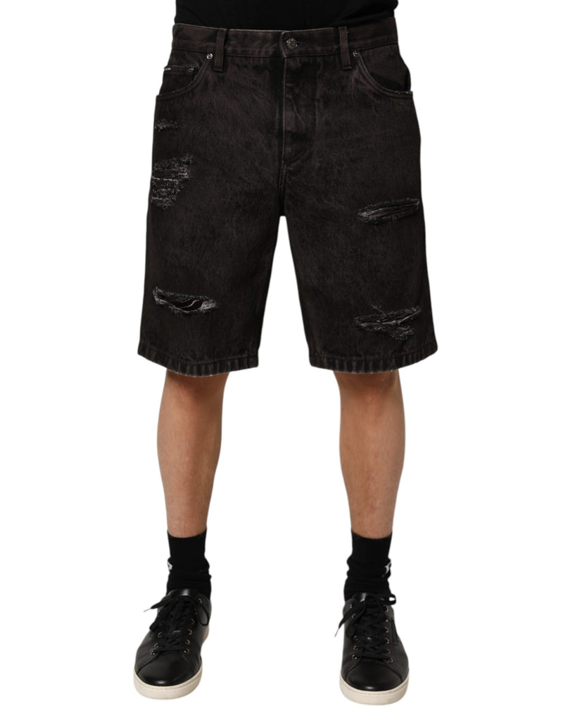Black Cotton Tattered Denim Men Bermuda Short-Dolce & Gabbana-LabelTerrace.com