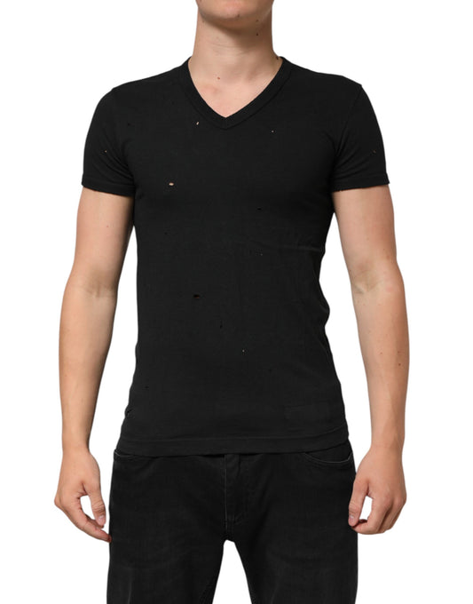 Black Cotton Tattered Logo V-Neck Men T-shirt-Dolce & Gabbana-LabelTerrace.com