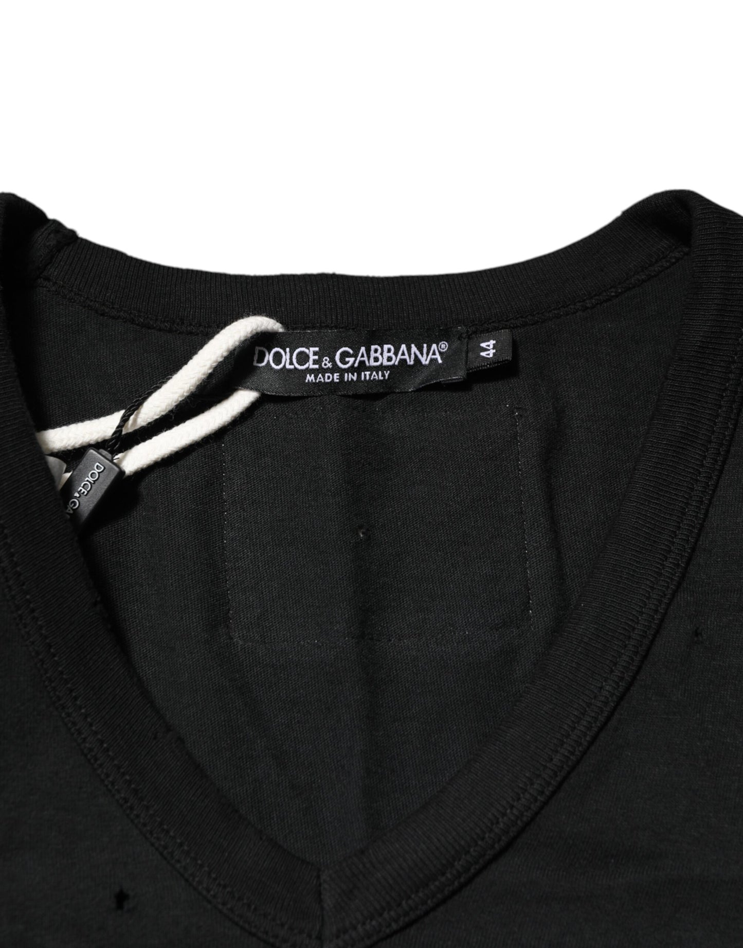 Black Cotton Tattered Logo V-Neck Men T-shirt-Dolce & Gabbana-LabelTerrace.com