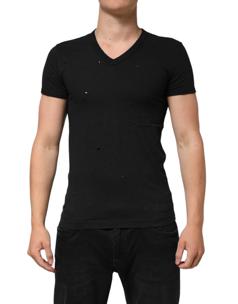 Black Cotton Tattered Logo V-Neck Men T-shirt-Dolce & Gabbana-LabelTerrace.com