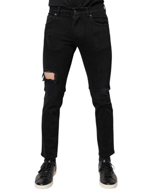 Black Cotton Tattered Skinny Denim Logo Jeans-Dolce & Gabbana-LabelTerrace.com