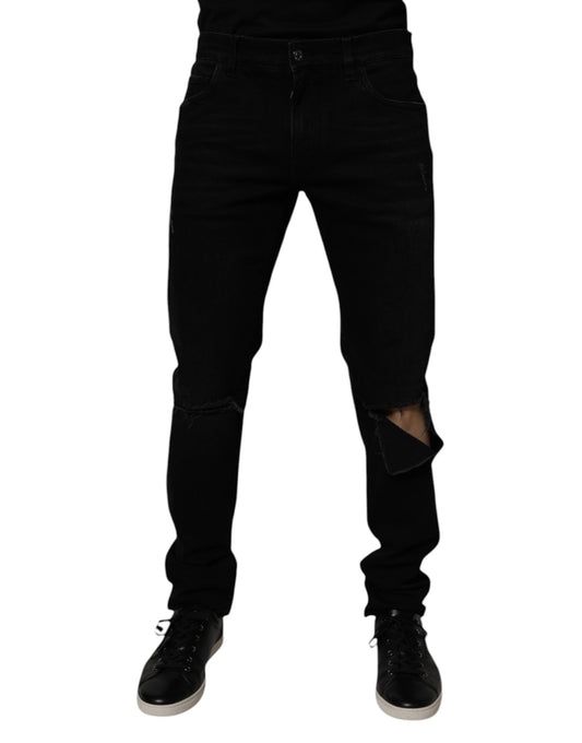 Black Cotton Tattered Skinny Men Denim Jeans-Dolce & Gabbana-LabelTerrace.com