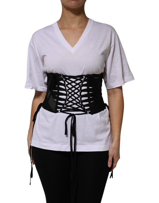 Black Cotton Waist LaceUp Strap Corset Belt-Dolce & Gabbana-LabelTerrace.com