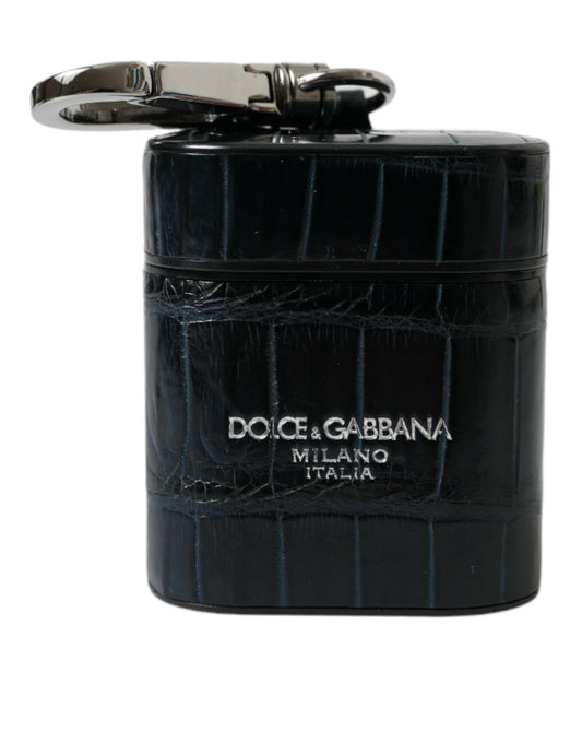 Black Crocodile Leather Silver Metal Logo Airpods Case-Dolce & Gabbana-LabelTerrace.com