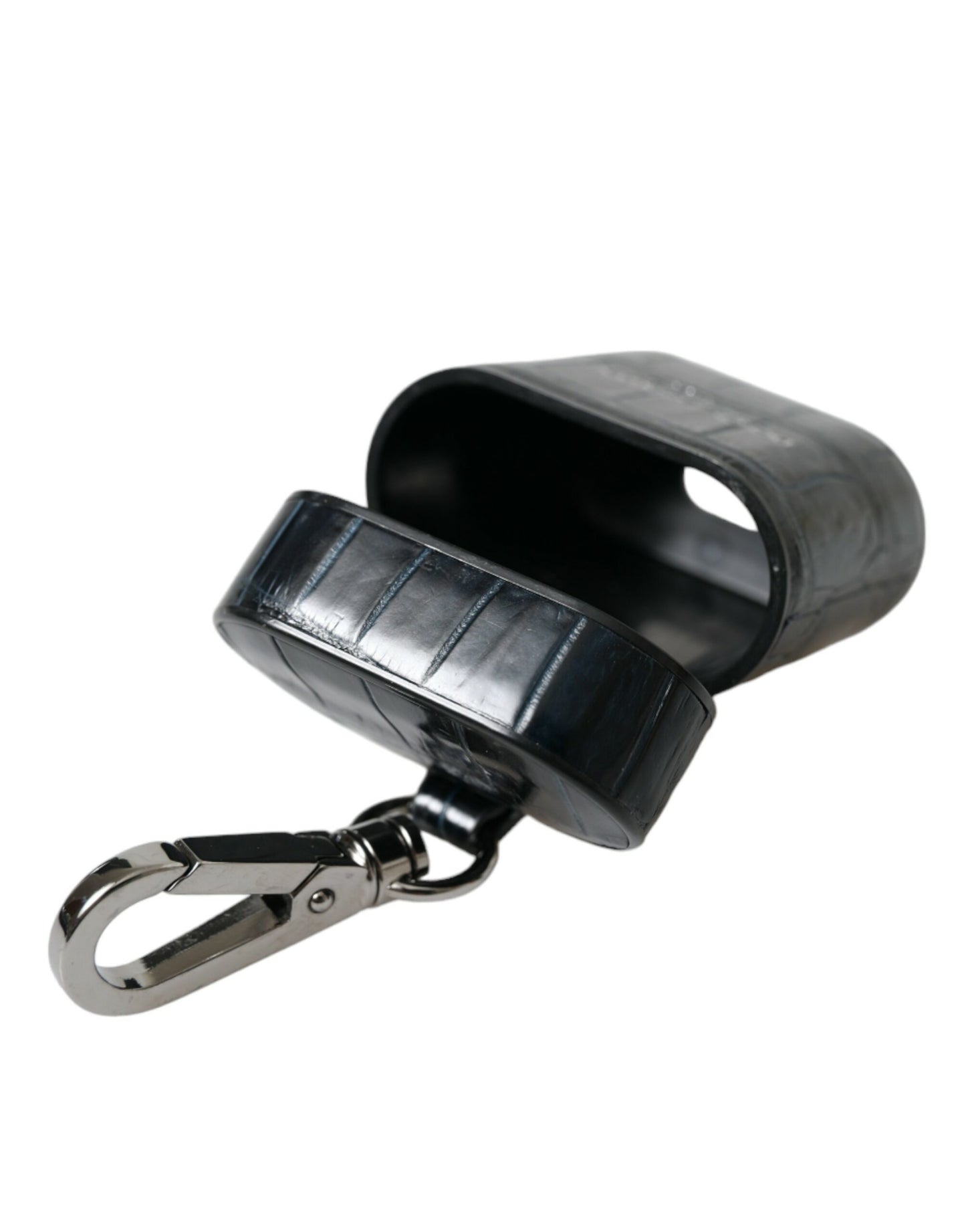 Black Crocodile Leather Silver Metal Logo Airpods Case-Dolce & Gabbana-LabelTerrace.com