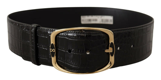 Black Crocodile Print Gold Metal DG Logo Buckle Belt-Dolce & Gabbana-LabelTerrace.com