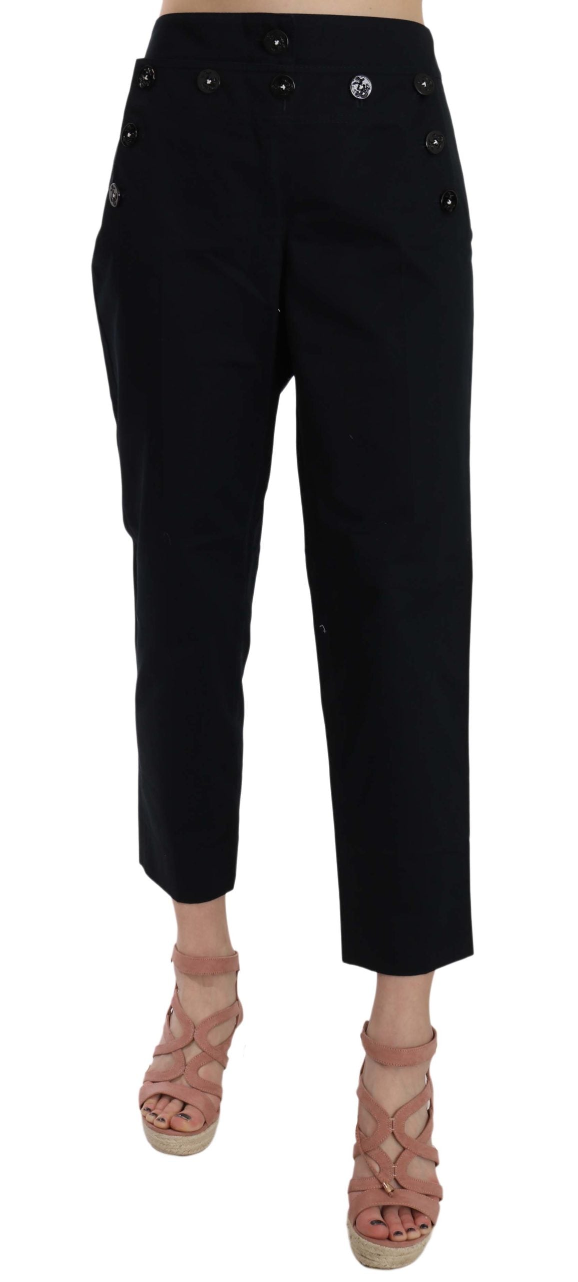 Black Cropped Front Button Embellished Pants-Dolce & Gabbana-LabelTerrace.com
