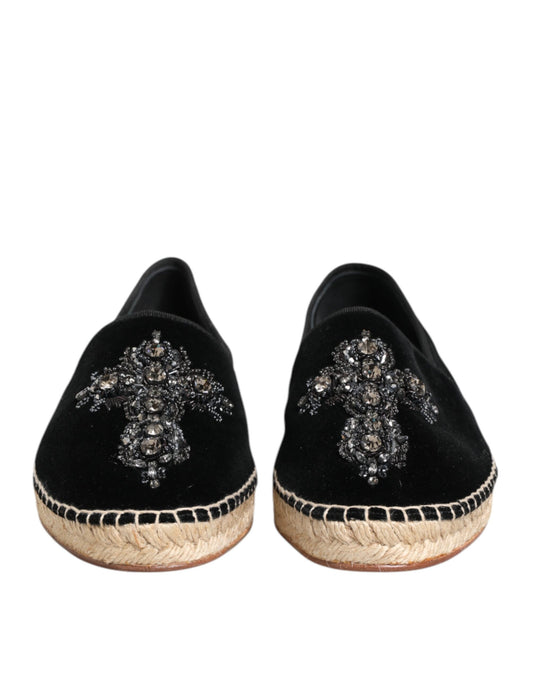 Black Cross Crystal Slip On Espadrille Shoes-Dolce & Gabbana-LabelTerrace.com