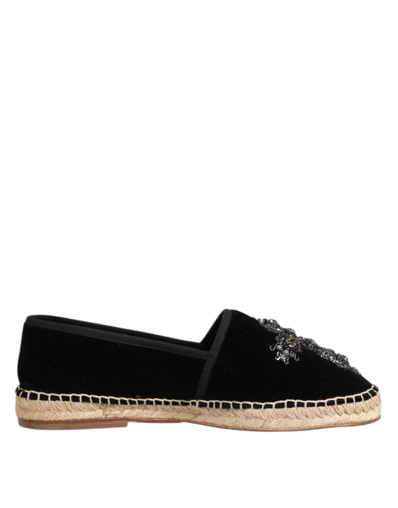 Black Cross Crystal Slip On Espadrille Shoes-Dolce & Gabbana-LabelTerrace.com