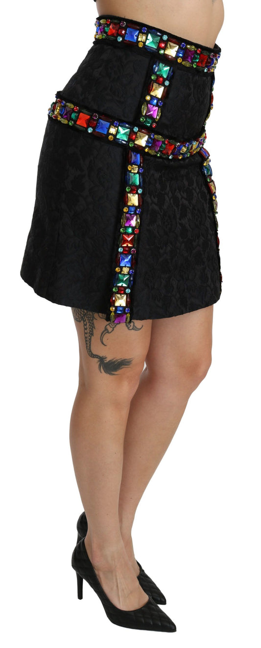 Black Crystal Embellished High Waist Skirt-Dolce & Gabbana-LabelTerrace.com