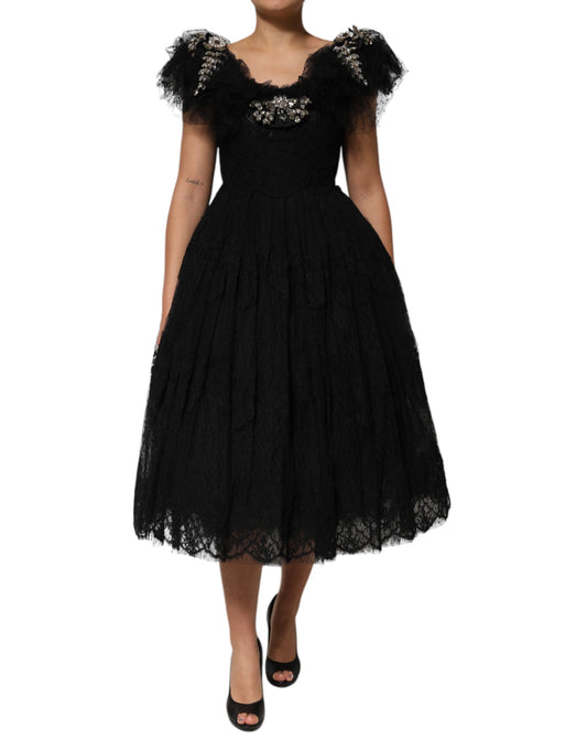 Black Crystal Embellished Midi A-line Dress-Dolce & Gabbana-LabelTerrace.com