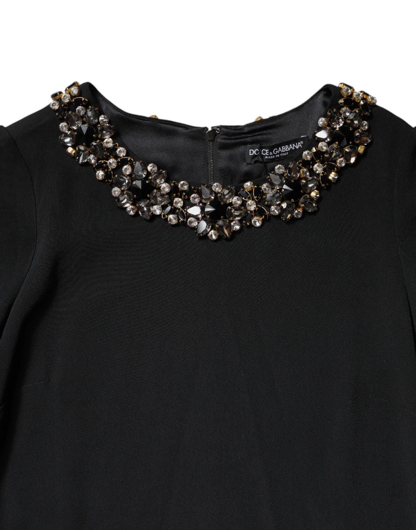 Black Crystal Embellished Round Neck Mini Dress-Dolce & Gabbana-LabelTerrace.com
