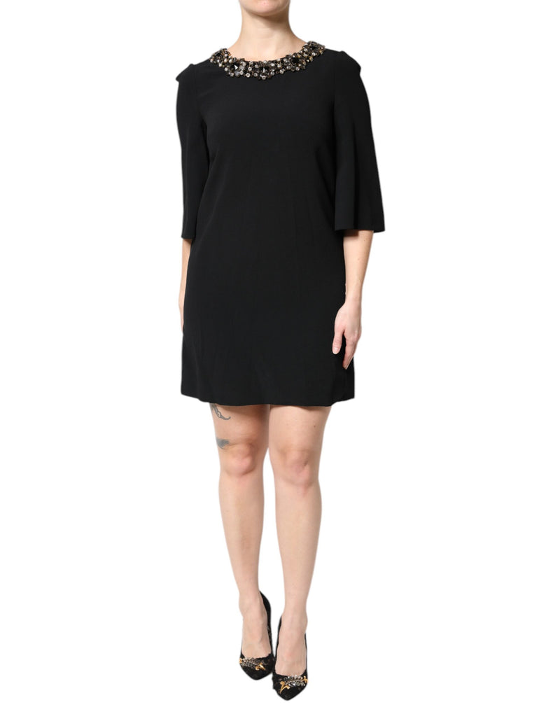 Black Crystal Embellished Round Neck Mini Dress-Dolce & Gabbana-LabelTerrace.com