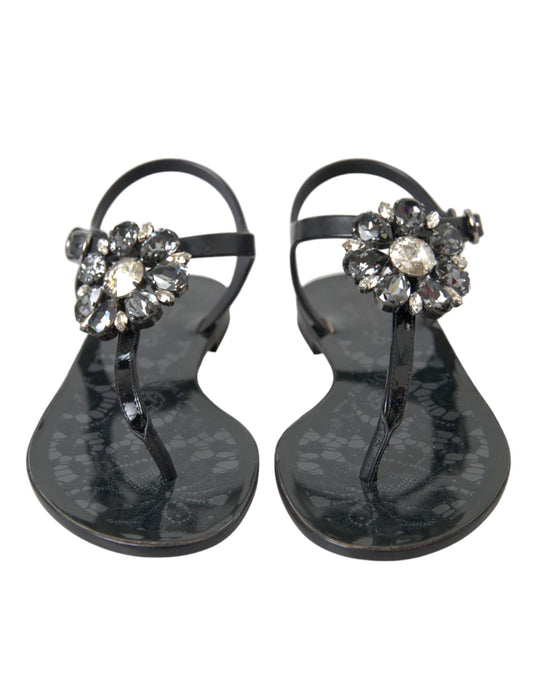 Black Crystal Flats Sandals Flip Flops Shoes-Dolce & Gabbana-LabelTerrace.com