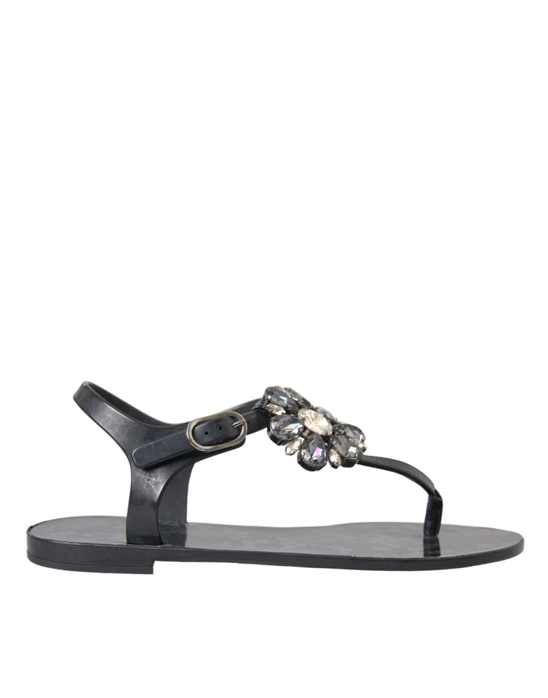 Black Crystal Flats Sandals Flip Flops Shoes-Dolce & Gabbana-LabelTerrace.com