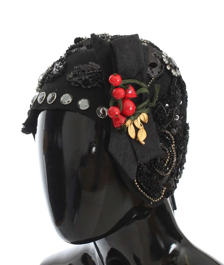 Black Crystal Gold Cherries Brooch Hat-Dolce & Gabbana-LabelTerrace.com