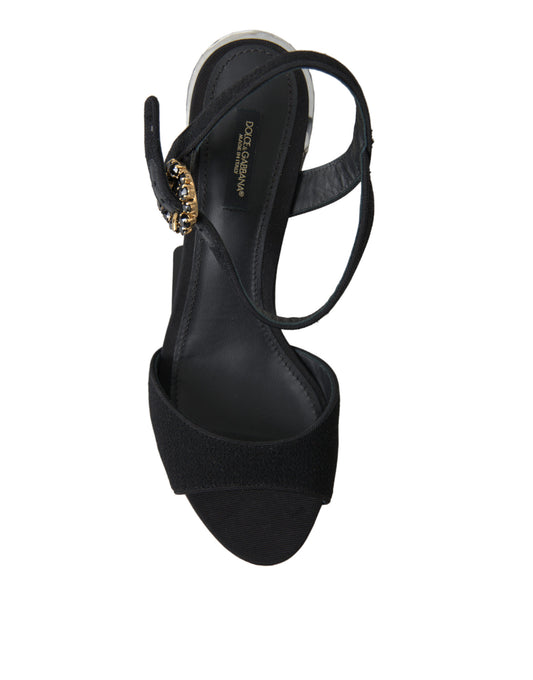 Black Crystals Ankle Strap Sandals Shoes-Dolce & Gabbana-LabelTerrace.com