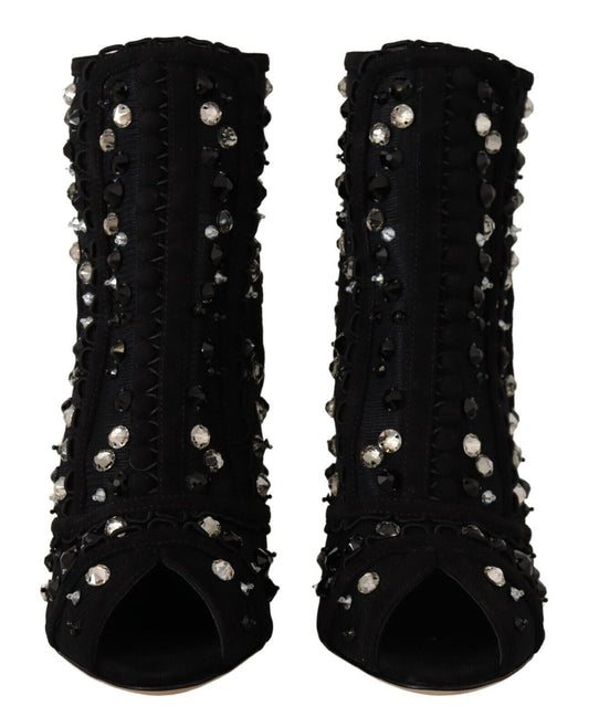 Black Crystals Heels Zipper Short Boots Shoes-Dolce & Gabbana-LabelTerrace.com
