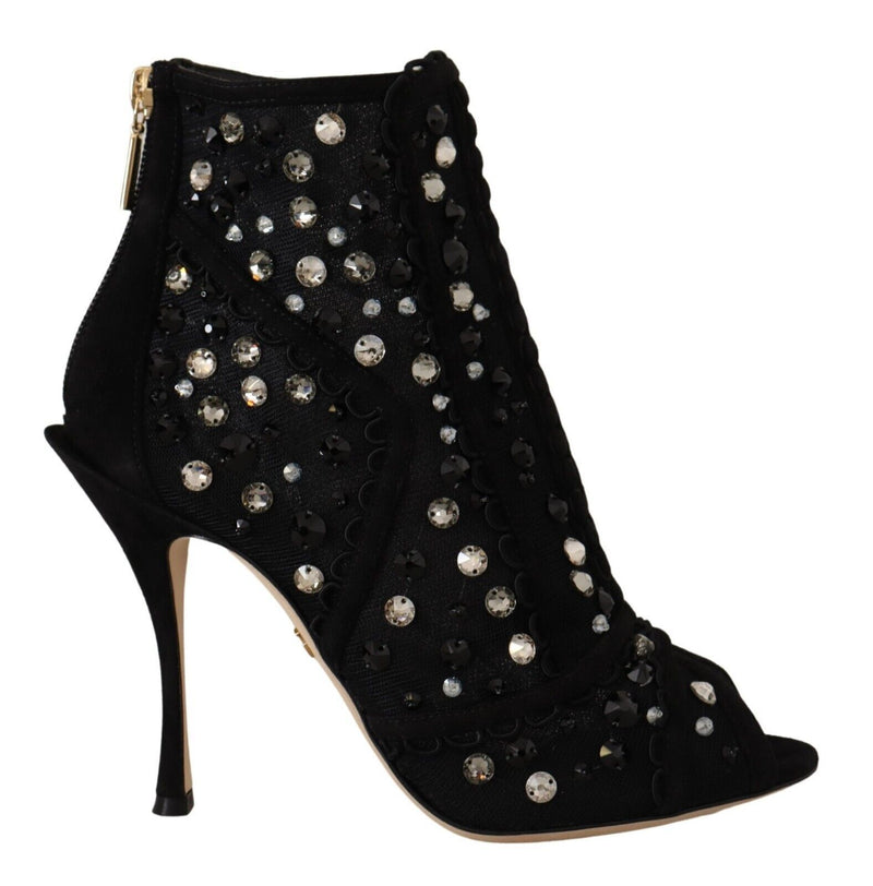 Black Crystals Heels Zipper Short Boots Shoes-Dolce & Gabbana-LabelTerrace.com