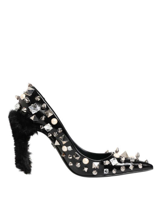 Black Crystals Studs Stiletto Pumps Shoes-Dolce & Gabbana-LabelTerrace.com