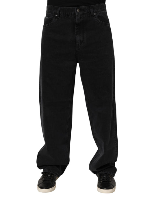 Black Denim Wide Leg Relaxed Fit Pants Jeans-Dolce & Gabbana-LabelTerrace.com